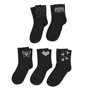 Tamsy Black Crystal Butterfly and Heart 5pairs Ankle Socks