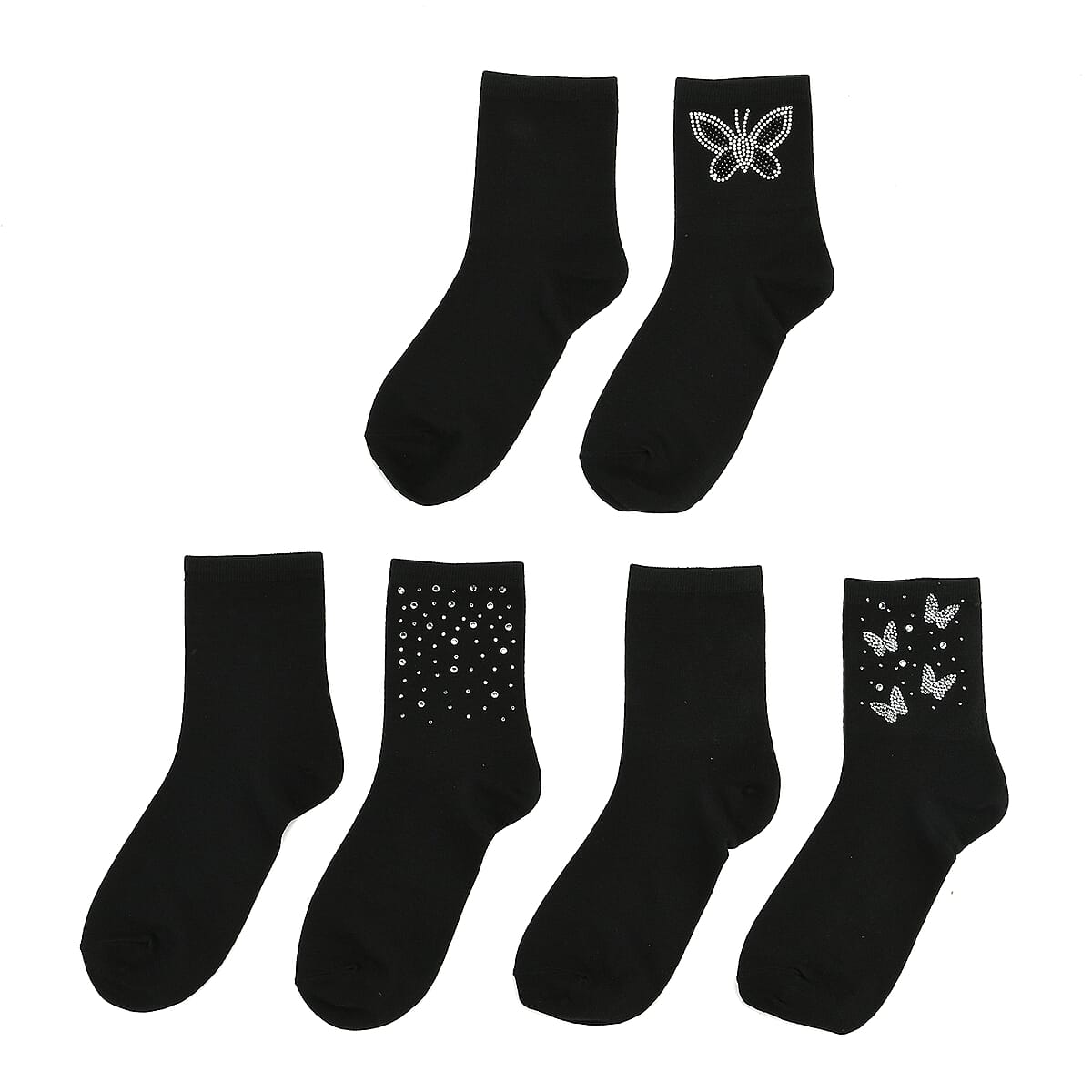Tamsy Black Crystal Butterfly and Heart 5pairs Ankle Socks image number 3