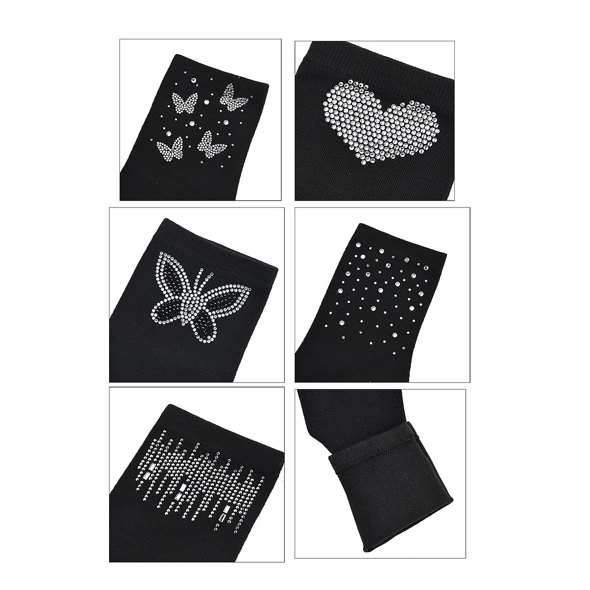 Tamsy Black Crystal Butterfly and Heart 5pairs Ankle Socks image number 4