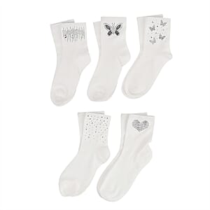 Tamsy White Crystal Butterfly 5pairs Ankle Socks