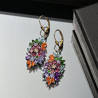 D'Joy Multi Gemstone 6.00 ctw Flowers Bouquet Earrings in 18K Vermeil YG and Rhodium Over Sterling Silver