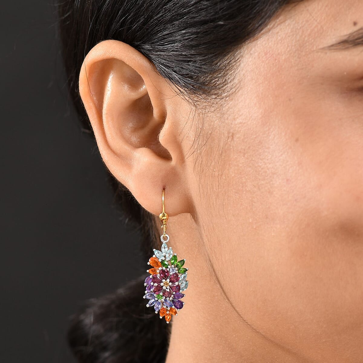 D'Joy Multi Gemstone 6.00 ctw Flowers Bouquet Earrings in 18K Vermeil YG and Rhodium Over Sterling Silver image number 2