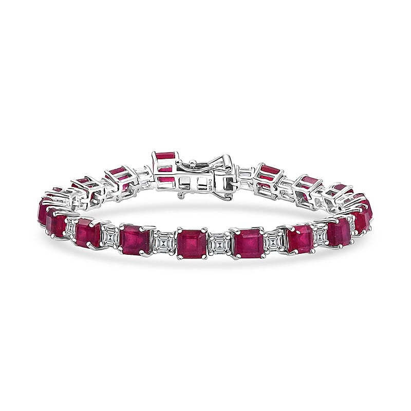 D'Joy Niassa Ruby (FF) and Moissanite 24.35 ctw Art Deco Bracelet in Rhodium Over Sterling Silver (6.50 In)