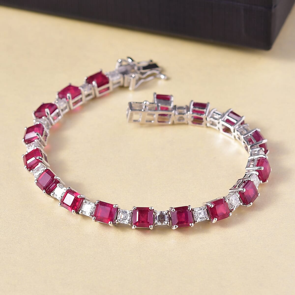 D'Joy Niassa Ruby (FF) and Moissanite 24.35 ctw Art Deco Bracelet in Rhodium Over Sterling Silver (6.50 In) image number 1