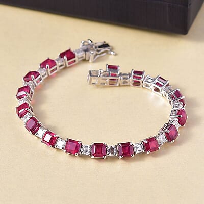 D'Joy Niassa Ruby (FF) and Moissanite 24.35 ctw Art Deco Bracelet in Rhodium Over Sterling Silver (6.50 In)