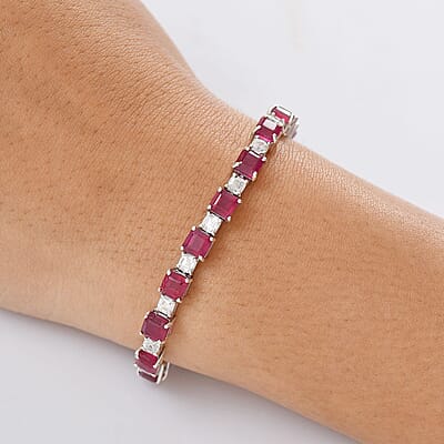 D'Joy Niassa Ruby (FF) and Moissanite 24.35 ctw Art Deco Bracelet in Rhodium Over Sterling Silver (6.50 In)