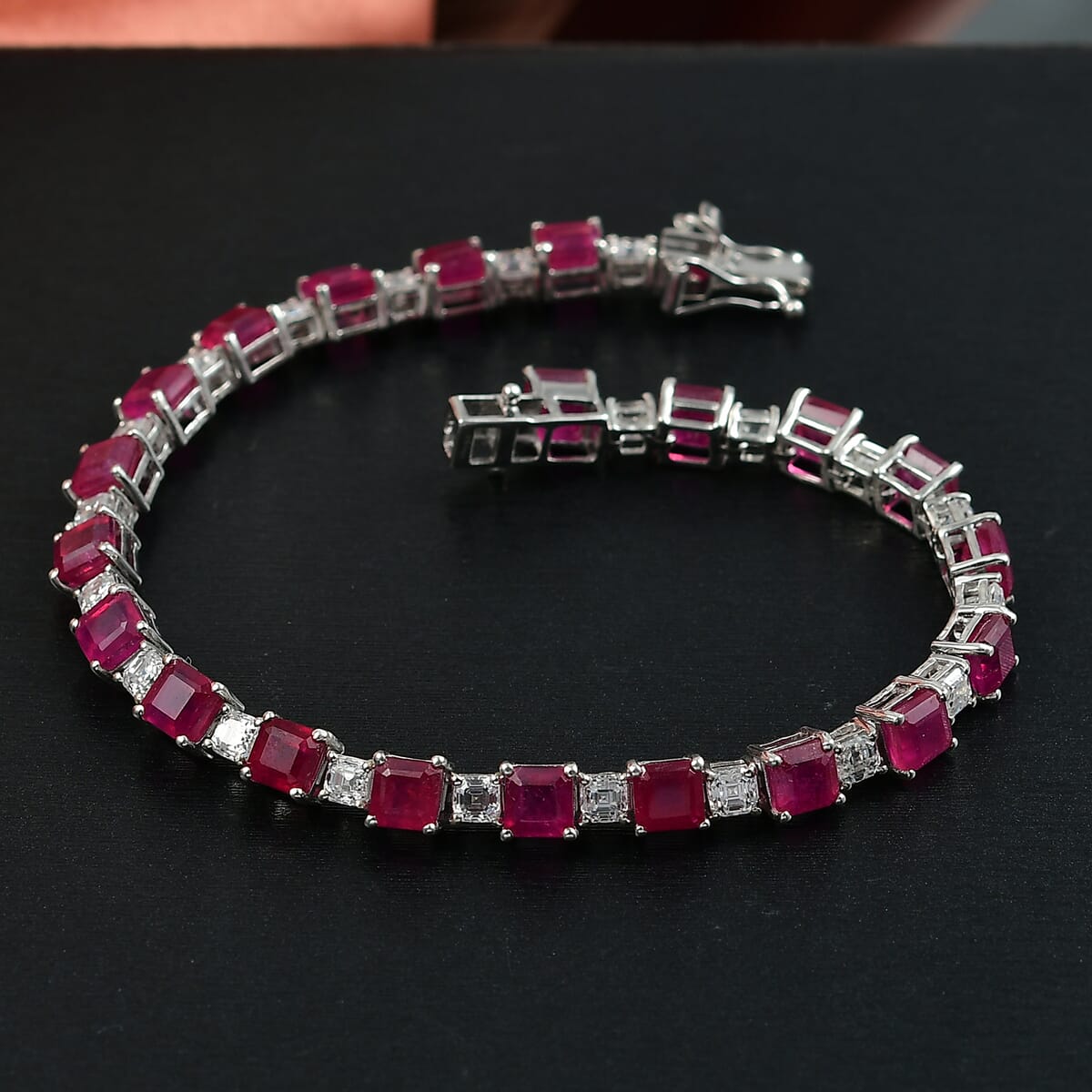 D'Joy Niassa Ruby (FF) and Moissanite 30.10 ctw Art Deco Bracelet in Rhodium Over Sterling Silver (8.00 In) image number 1