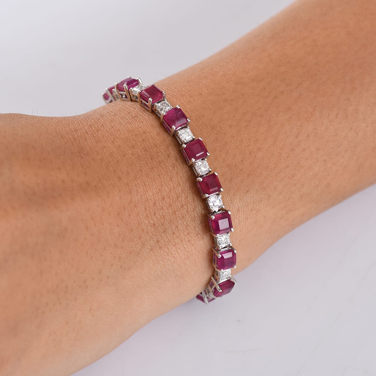 D'Joy Niassa Ruby (FF) and Moissanite 30.10 ctw Art Deco Bracelet in Rhodium Over Sterling Silver (8.00 In) image number 2