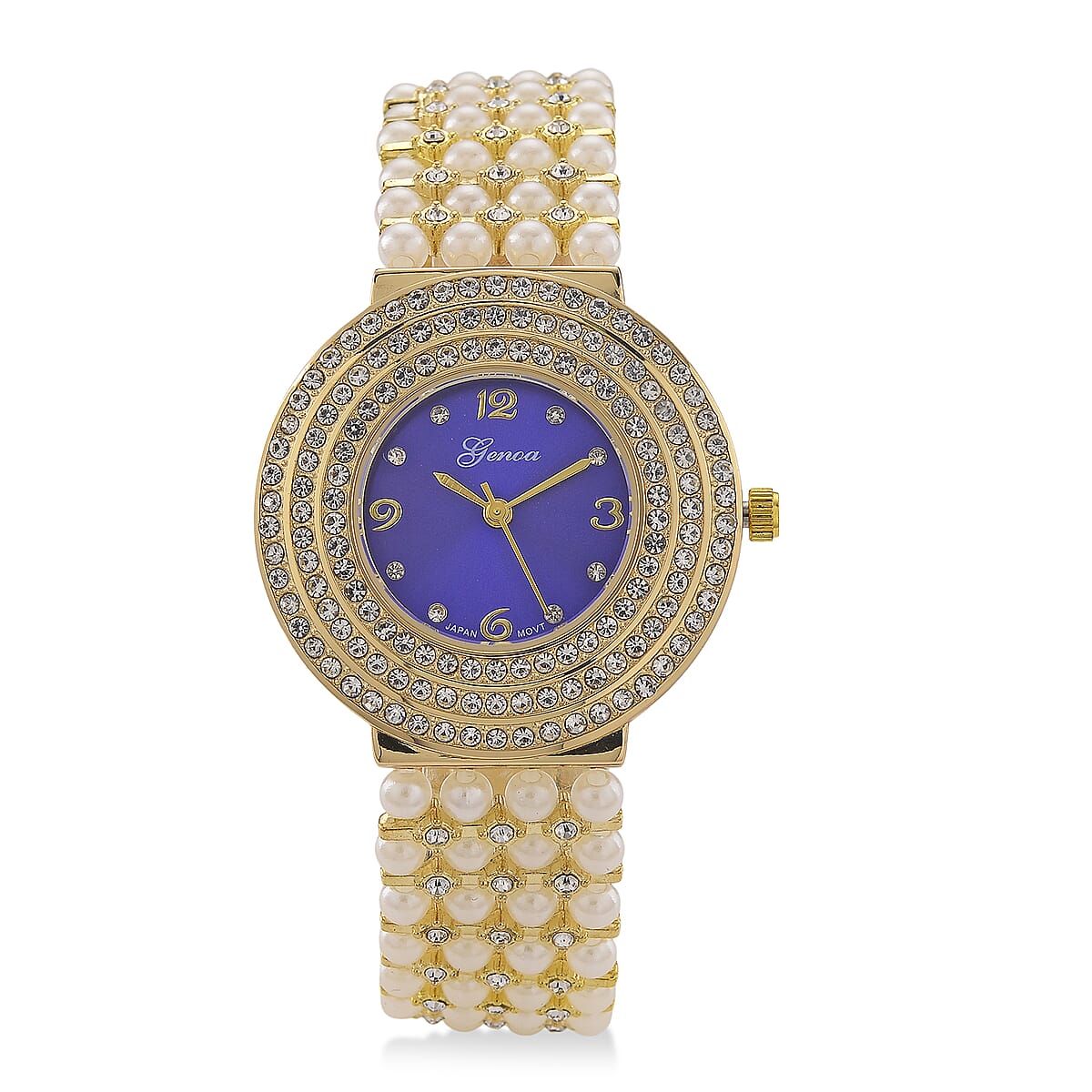 Genoa Austrian Crystal, Simulated Pearl Japanese Movement Blue Dail Watch in Goldtone image number 0