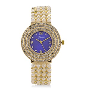 Genoa Austrian Crystal, Simulated Pearl Japanese Movement Blue Dail Watch in Goldtone