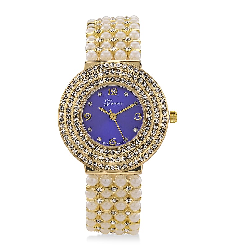 Genoa Austrian Crystal, Simulated Pearl Japanese Movement Blue Dail Watch in Goldtone