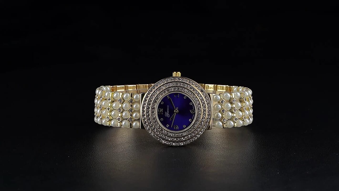 Genoa Austrian Crystal, Simulated Pearl Japanese Movement Blue Dail Watch in Goldtone