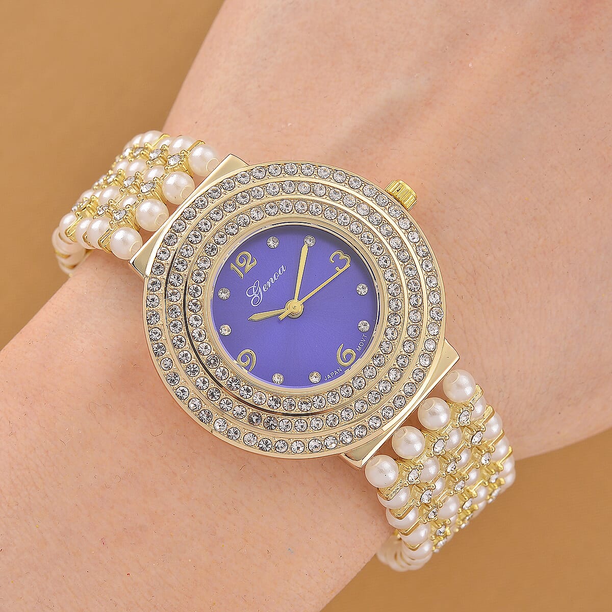 Genoa Austrian Crystal, Simulated Pearl Japanese Movement Blue Dail Watch in Goldtone image number 1
