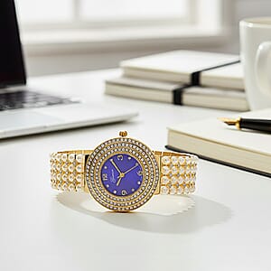 Genoa Austrian Crystal, Simulated Pearl Japanese Movement Blue Dail Watch in Goldtone