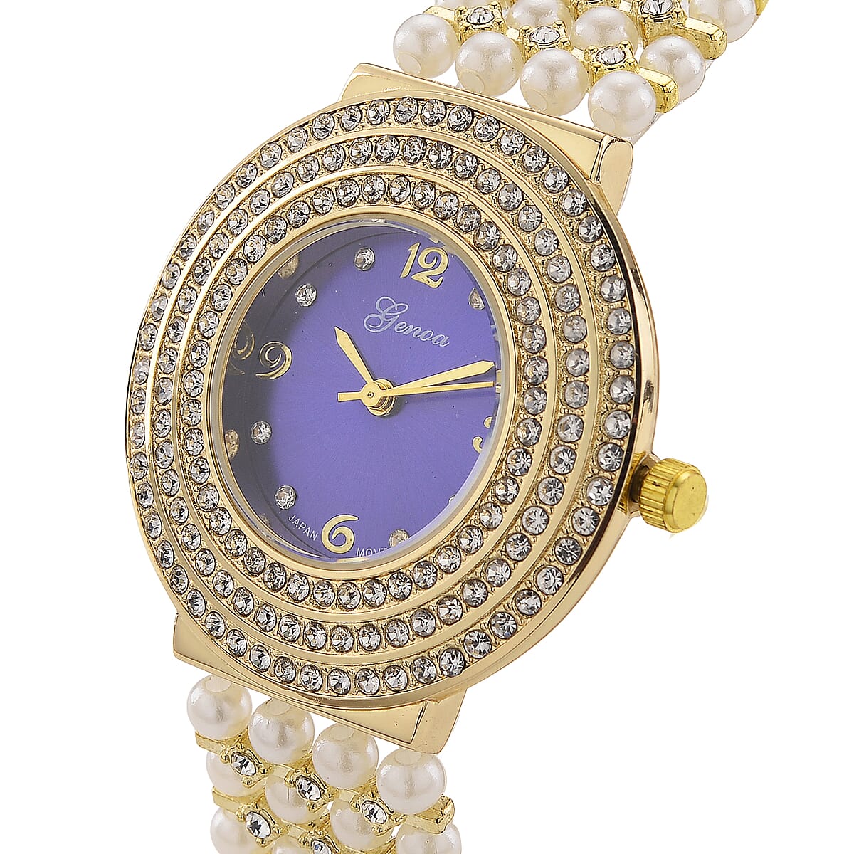 Genoa Austrian Crystal, Simulated Pearl Japanese Movement Blue Dail Watch in Goldtone image number 2