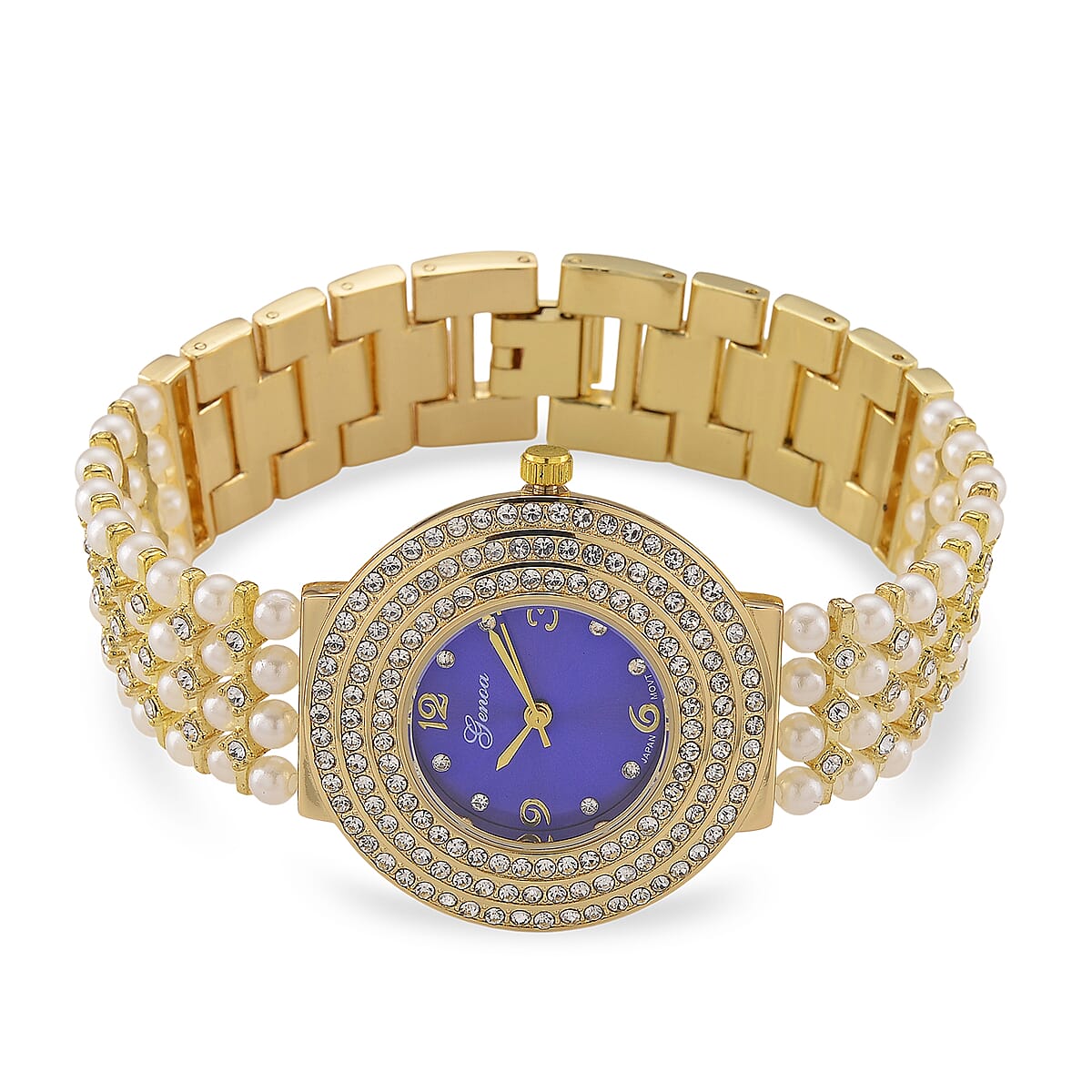 Genoa Austrian Crystal, Simulated Pearl Japanese Movement Blue Dail Watch in Goldtone image number 3