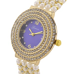 Genoa Austrian Crystal, Simulated Pearl Japanese Movement Blue Dail Watch in Goldtone