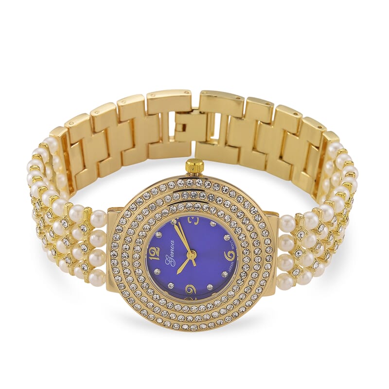Genoa Austrian Crystal, Simulated Pearl Japanese Movement Blue Dail Watch in Goldtone