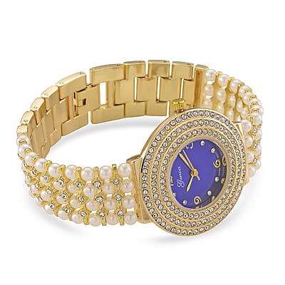 Genoa Austrian Crystal, Simulated Pearl Japanese Movement Blue Dail Watch in Goldtone