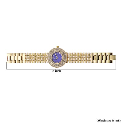 Genoa Austrian Crystal, Simulated Pearl Japanese Movement Blue Dail Watch in Goldtone