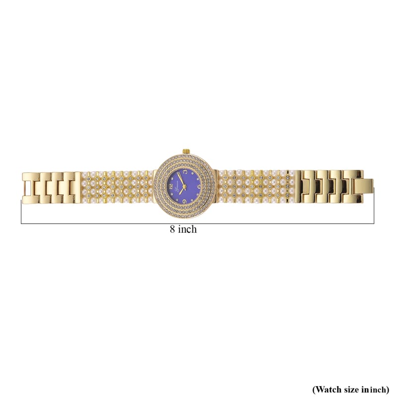 Genoa Austrian Crystal, Simulated Pearl Japanese Movement Blue Dail Watch in Goldtone