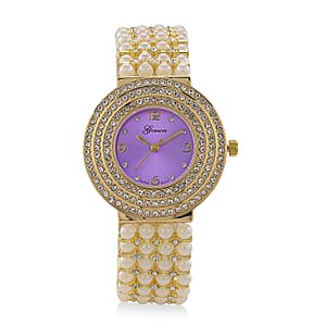 Genoa Austrian Crystal, Simulated Pearl Japanese Movement Purple Dail Watch in Goldtone
