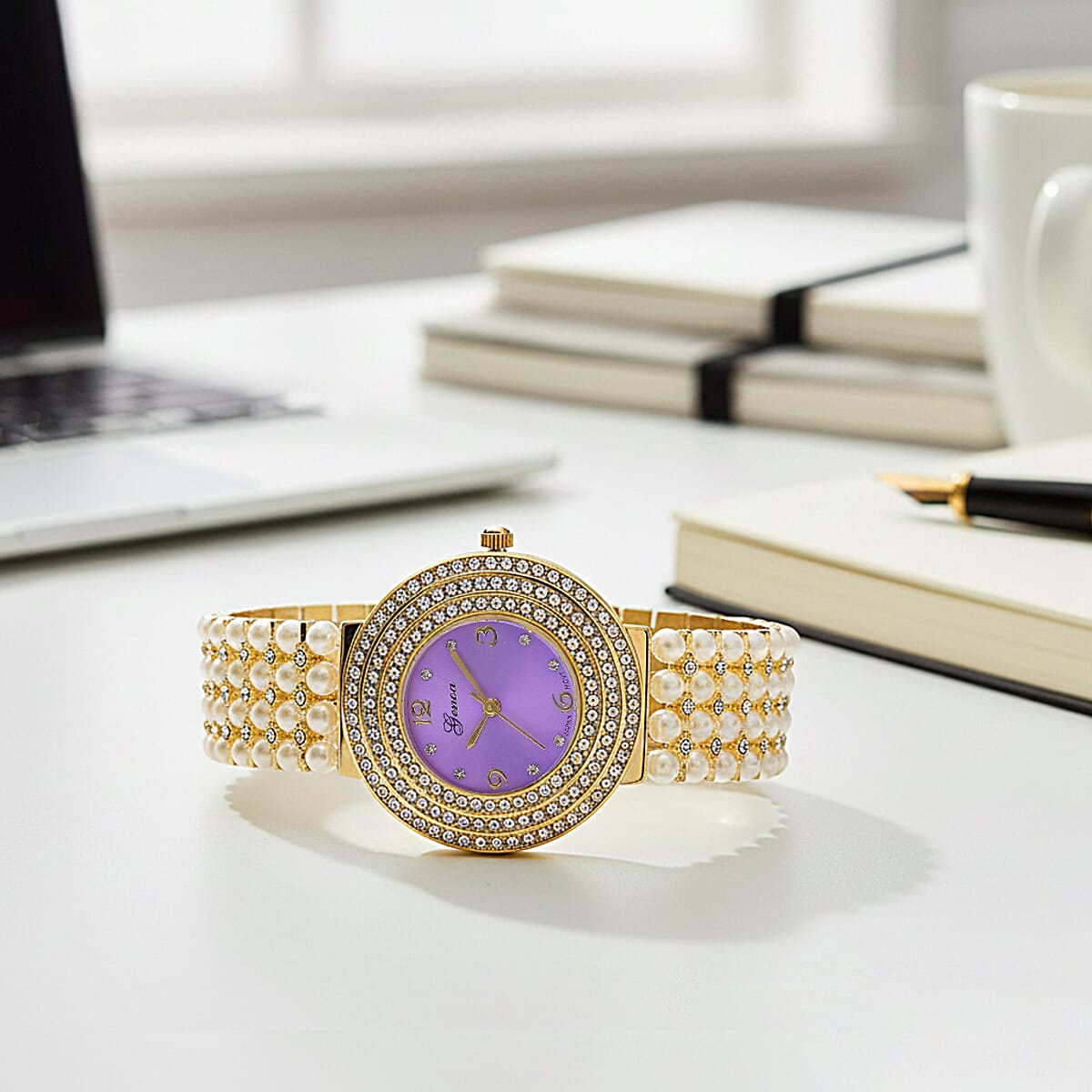 Genoa Austrian Crystal, Simulated Pearl Japanese Movement Purple Dail Watch in Goldtone image number 1