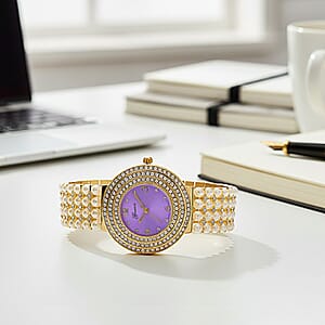 Genoa Austrian Crystal, Simulated Pearl Japanese Movement Purple Dail Watch in Goldtone