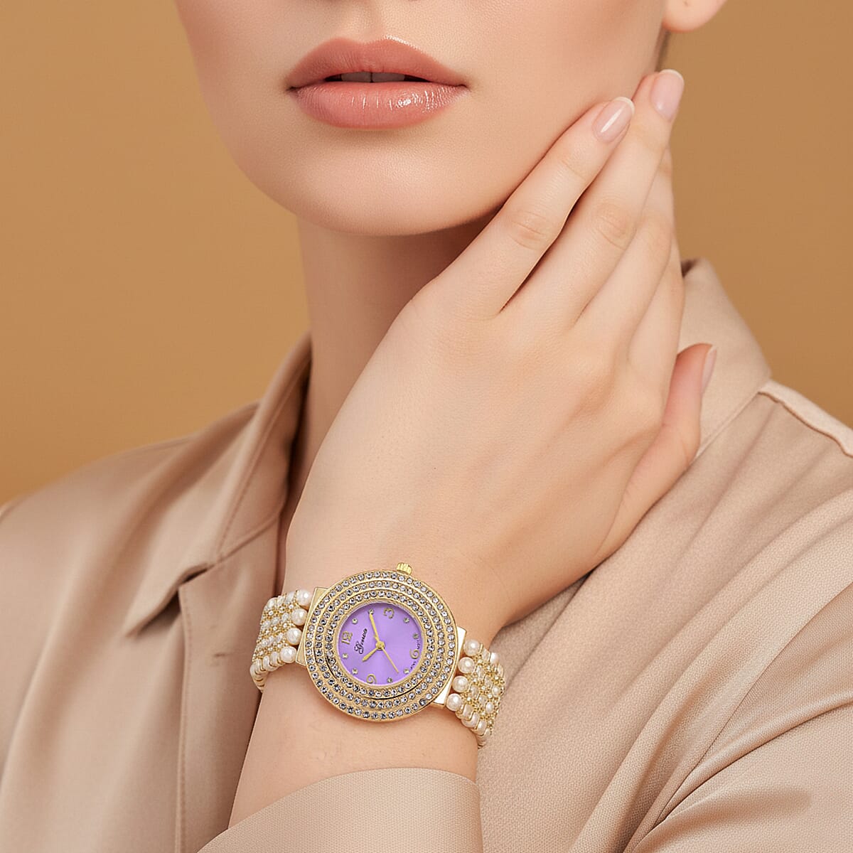 Genoa Austrian Crystal, Simulated Pearl Japanese Movement Purple Dail Watch in Goldtone image number 2