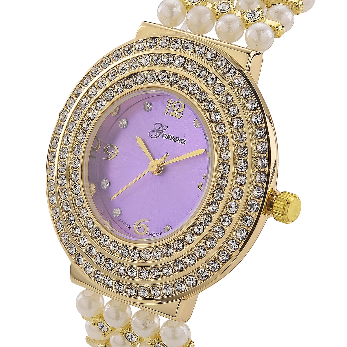 Genoa Austrian Crystal, Simulated Pearl Japanese Movement Purple Dail Watch in Goldtone image number 3