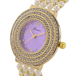 Genoa Austrian Crystal, Simulated Pearl Japanese Movement Purple Dail Watch in Goldtone
