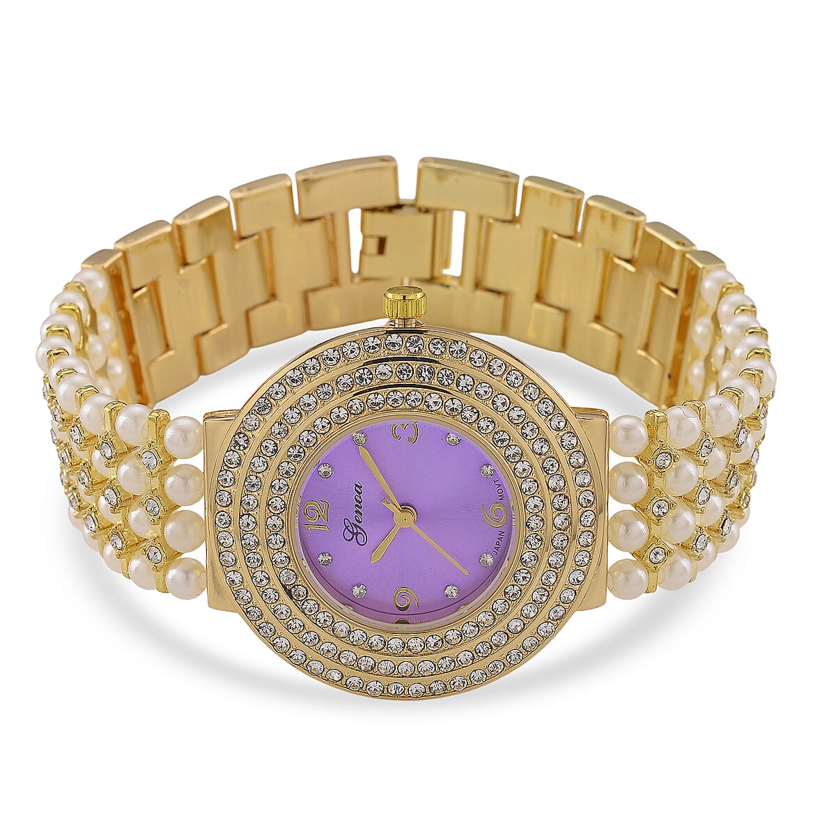 Genoa Austrian Crystal, Simulated Pearl Japanese Movement Purple Dail Watch in Goldtone image number 4