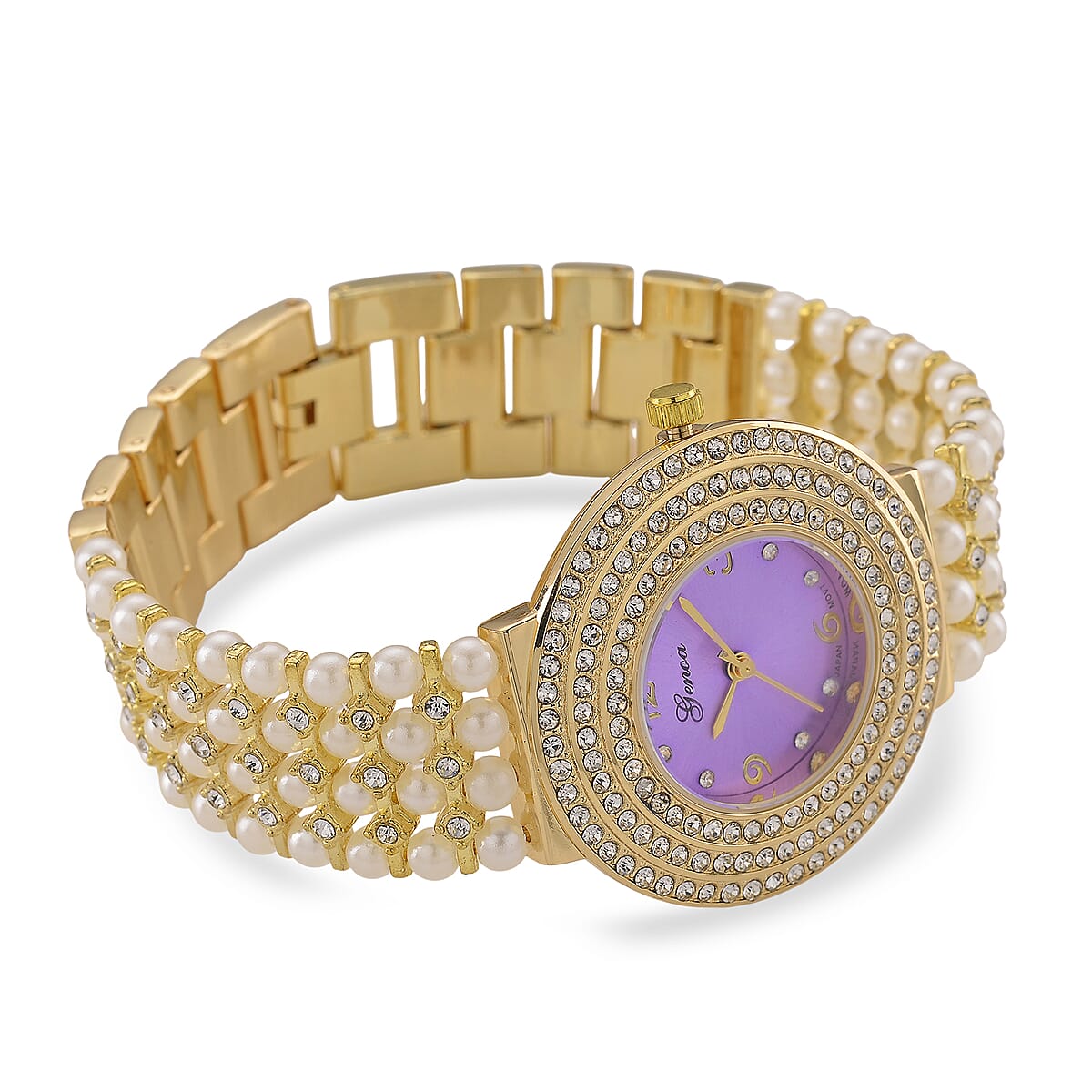 Genoa Austrian Crystal, Simulated Pearl Japanese Movement Purple Dail Watch in Goldtone image number 5