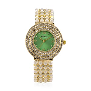 Genoa Austrian Crystal, Simulated Pearl Japanese Movement Green Dail Watch in Goldtone