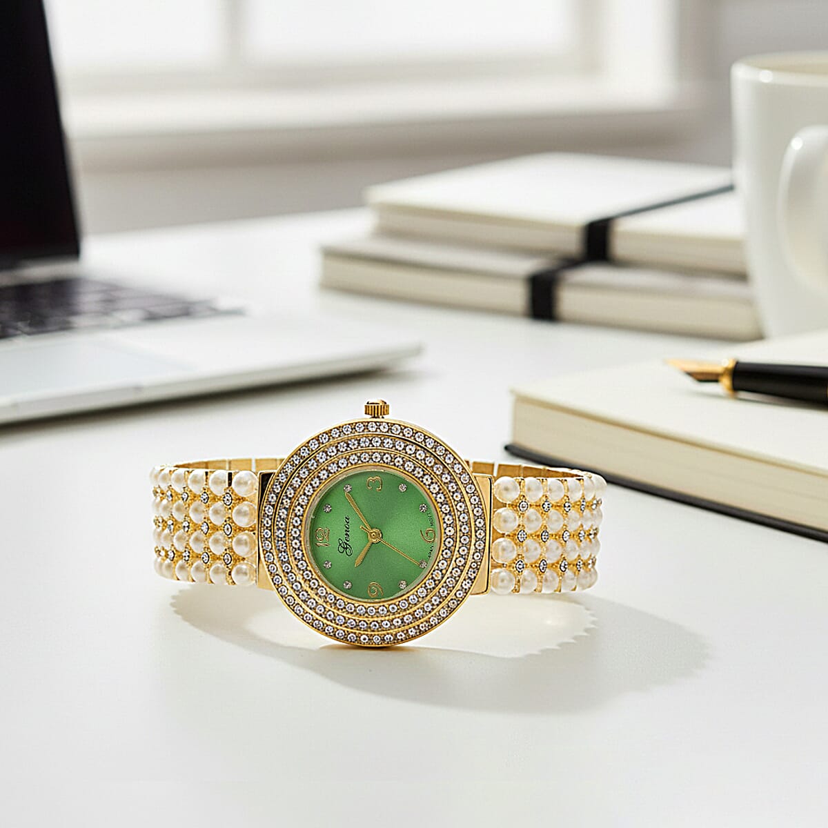 Genoa Austrian Crystal, Simulated Pearl Japanese Movement Green Dail Watch in Goldtone image number 1