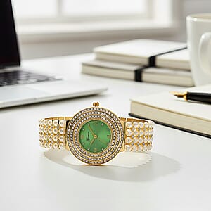 Genoa Austrian Crystal, Simulated Pearl Japanese Movement Green Dail Watch in Goldtone