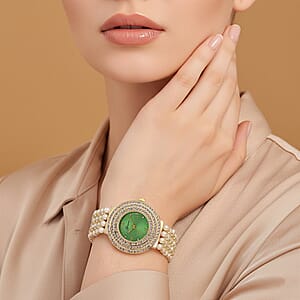Genoa Austrian Crystal, Simulated Pearl Japanese Movement Green Dail Watch in Goldtone