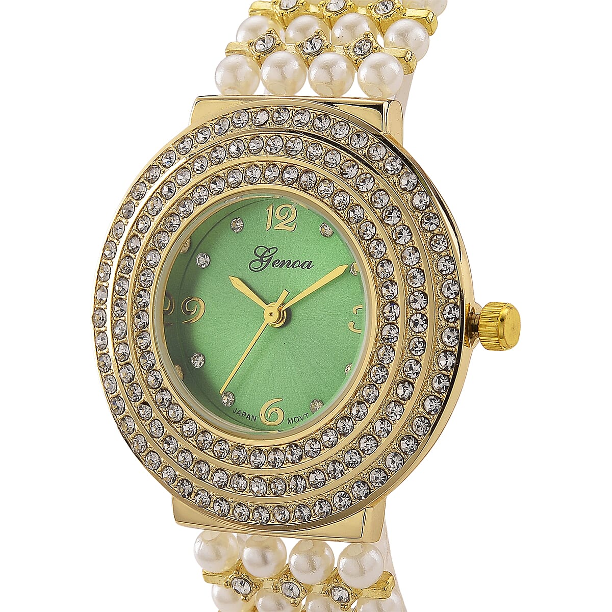 Genoa Austrian Crystal, Simulated Pearl Japanese Movement Green Dail Watch in Goldtone image number 3