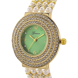 Genoa Austrian Crystal, Simulated Pearl Japanese Movement Green Dail Watch in Goldtone