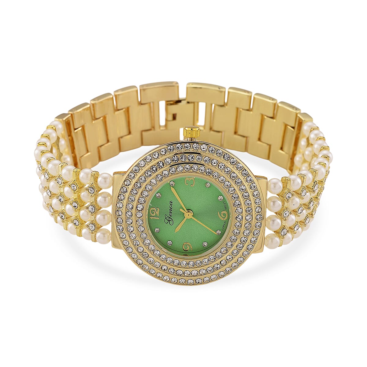Genoa Austrian Crystal, Simulated Pearl Japanese Movement Green Dail Watch in Goldtone image number 4