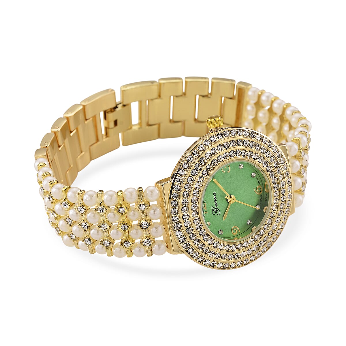 Genoa Austrian Crystal, Simulated Pearl Japanese Movement Green Dail Watch in Goldtone image number 5