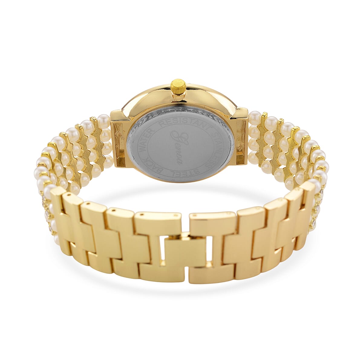 Genoa Austrian Crystal, Simulated Pearl Japanese Movement Green Dail Watch in Goldtone image number 6