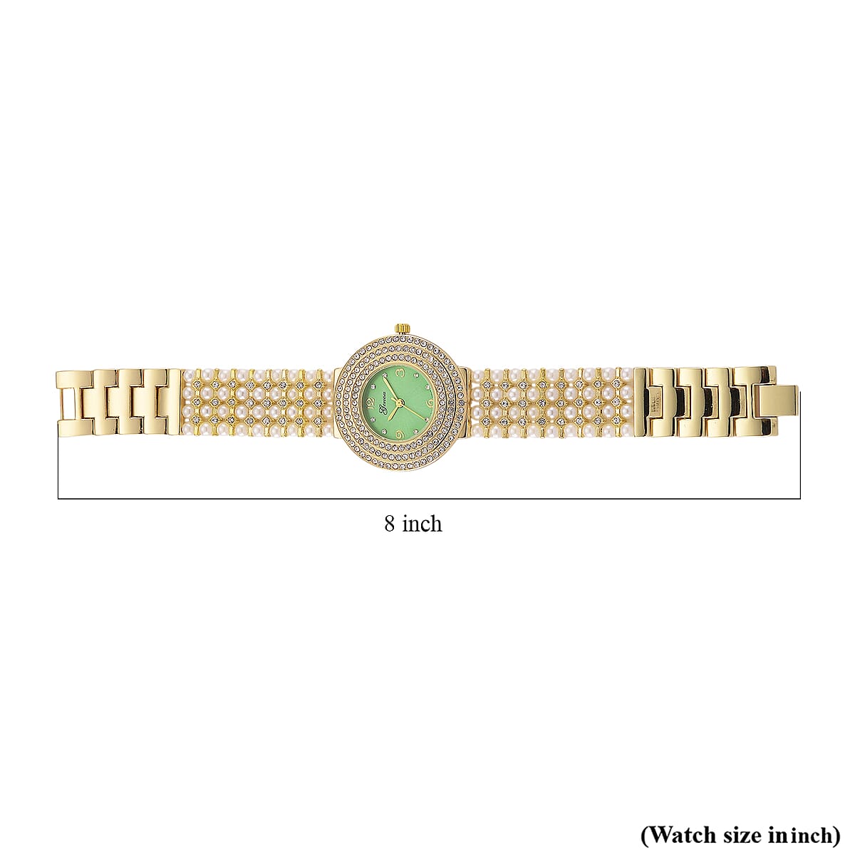 Genoa Austrian Crystal, Simulated Pearl Japanese Movement Green Dail Watch in Goldtone image number 7