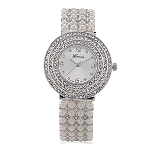 Genoa Austrian Crystal, Simulated Pearl Japanese Movement White Dail Watch in Silvertone