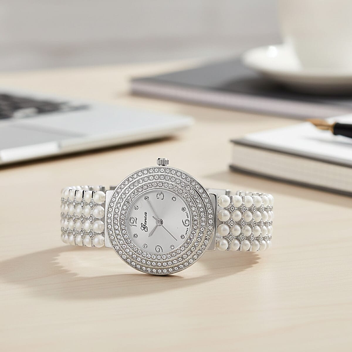 Genoa Austrian Crystal, Simulated Pearl Japanese Movement White Dail Watch in Silvertone image number 1