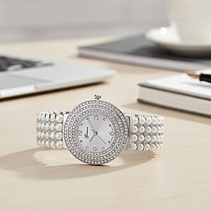 Genoa Austrian Crystal, Simulated Pearl Japanese Movement White Dail Watch in Silvertone