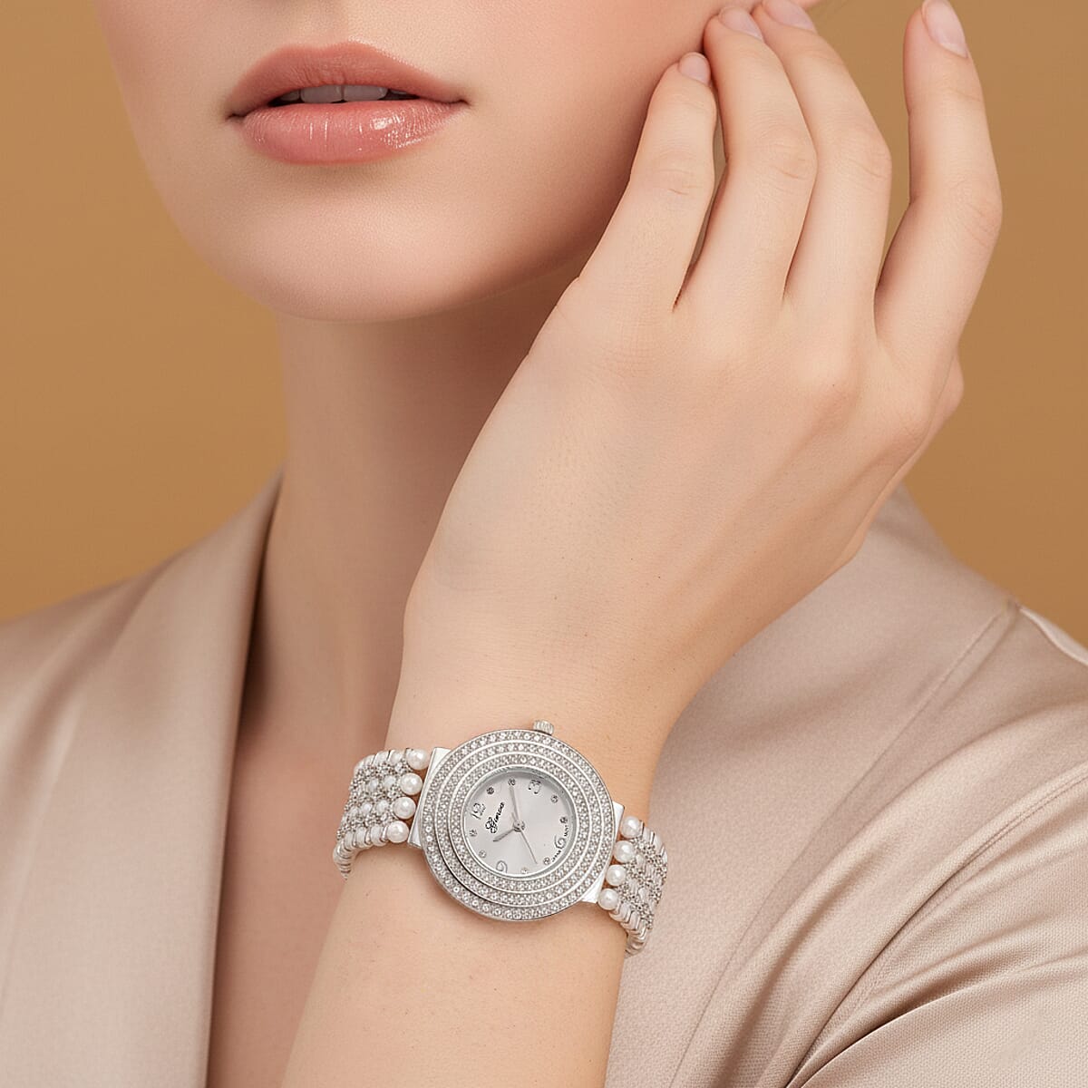 Genoa Austrian Crystal, Simulated Pearl Japanese Movement White Dail Watch in Silvertone image number 2