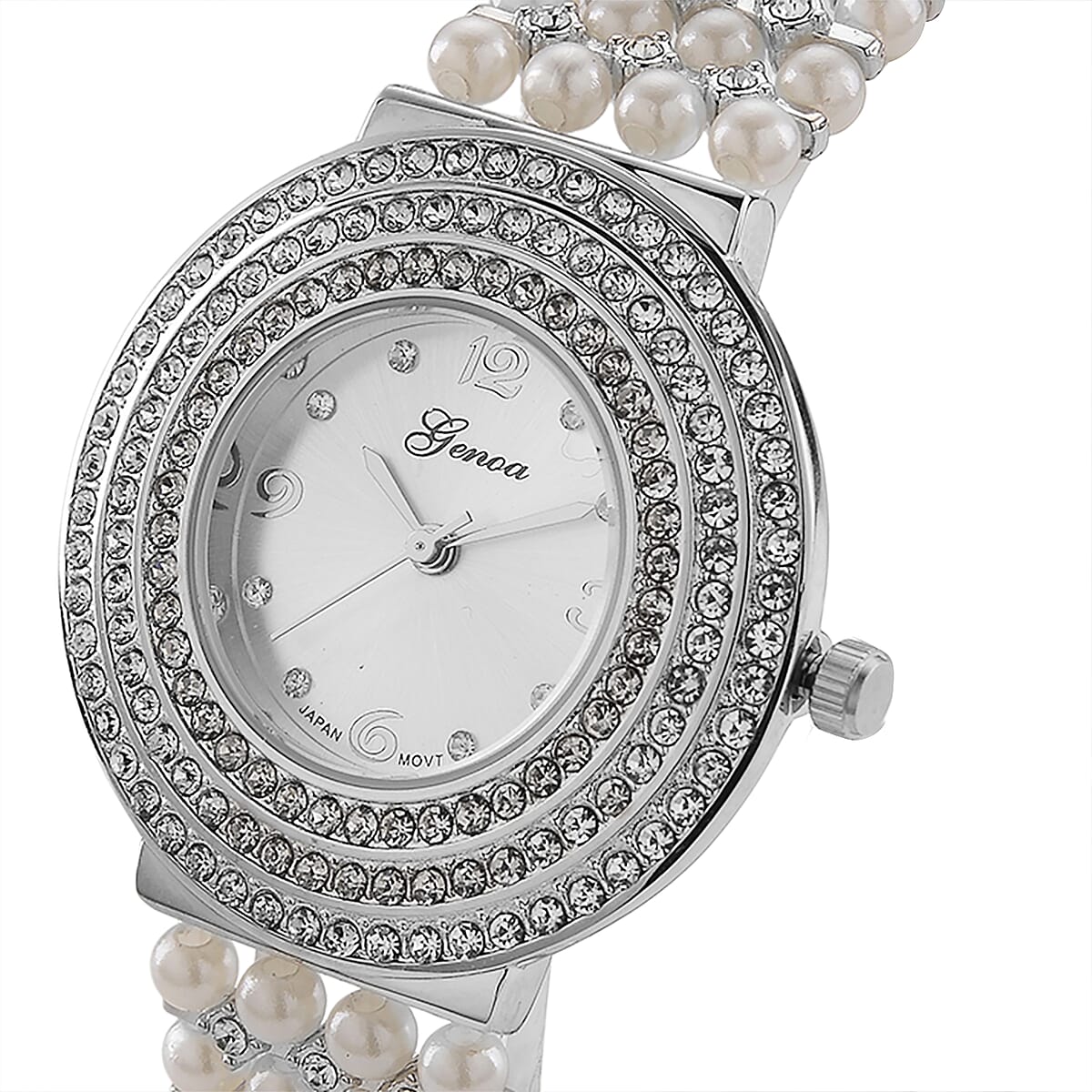 Genoa Austrian Crystal, Simulated Pearl Japanese Movement White Dail Watch in Silvertone image number 3