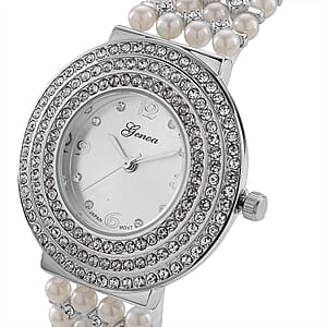 Genoa Austrian Crystal, Simulated Pearl Japanese Movement White Dail Watch in Silvertone