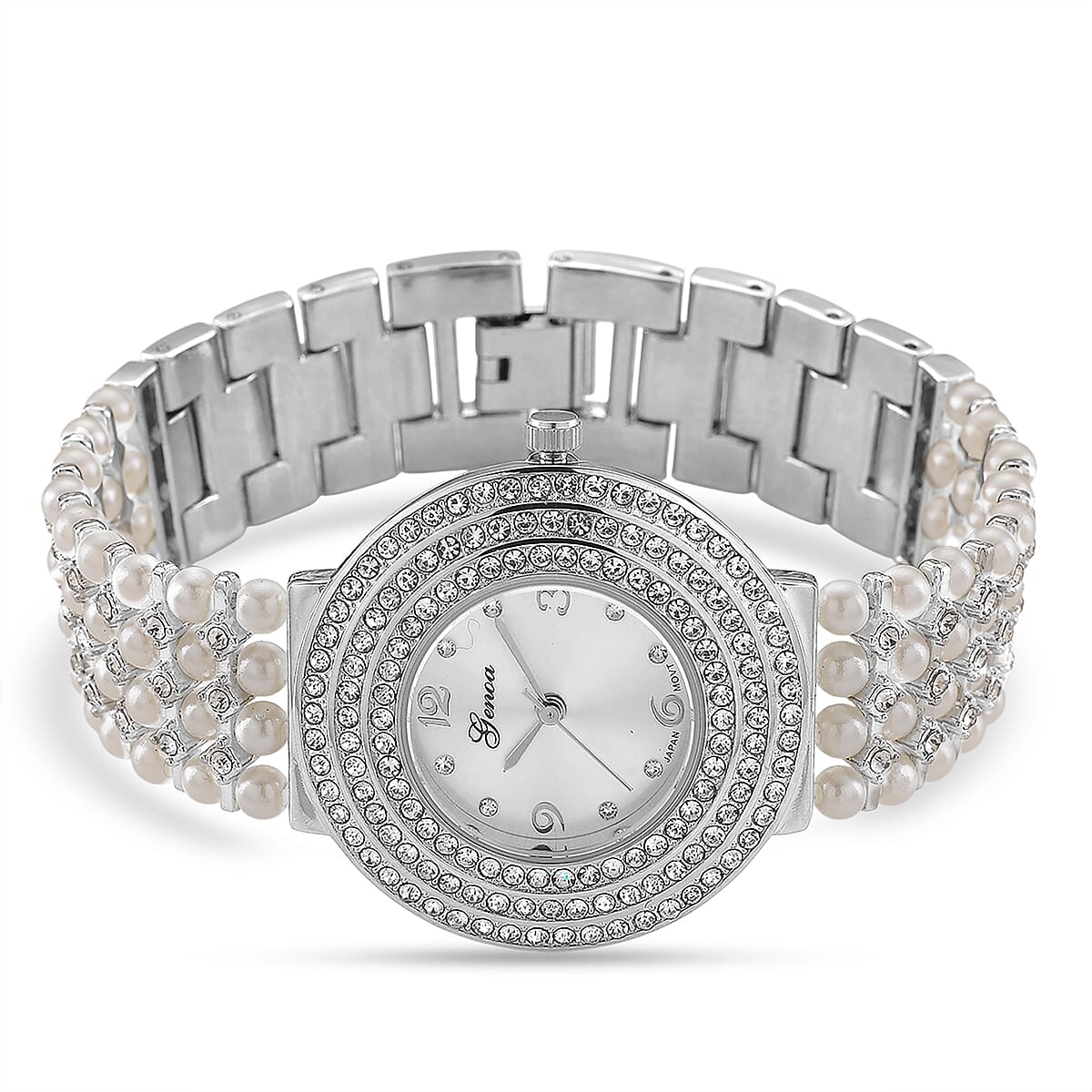 Genoa Austrian Crystal, Simulated Pearl Japanese Movement White Dail Watch in Silvertone image number 4